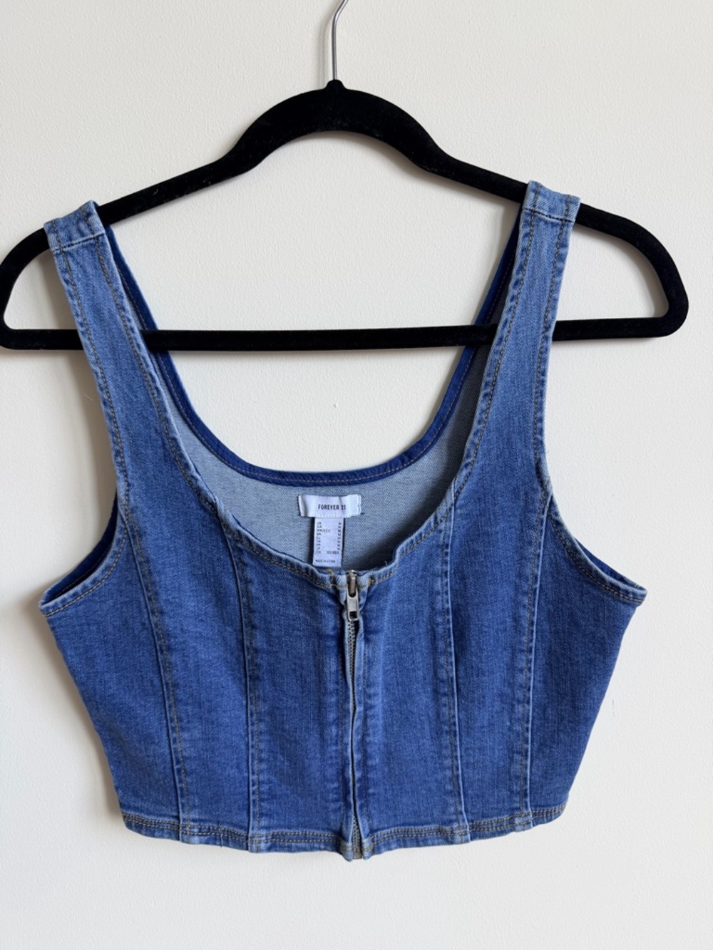 Forever 21 Blue Denim Zip-Front Crop Tank Top